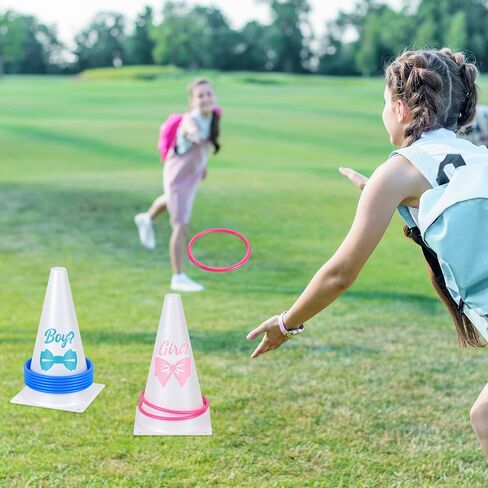 Leitee 16 Pcs Gender Reveal Party Boy or Girl Ring Toss Game Include 2 Plastic Cones 12 Pink Blue Toss Rings and 2 Gender Stickers for Guests Baby Shower Party Supplies in Saudi Arabia