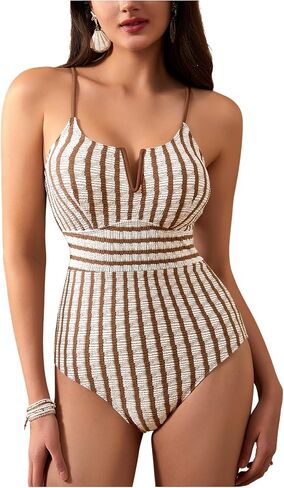 Makemechic Women's One Piece Swimsuits مخططة V Wire Tummy Control Suit Monokini Bashing Suit in Saudi Arabia