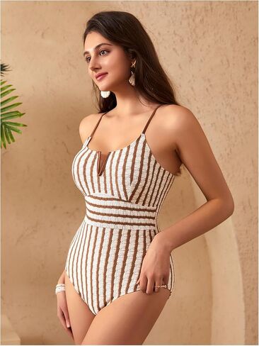 Makemechic Women's One Piece Swimsuits مخططة V Wire Tummy Control Suit Monokini Bashing Suit in Saudi Arabia