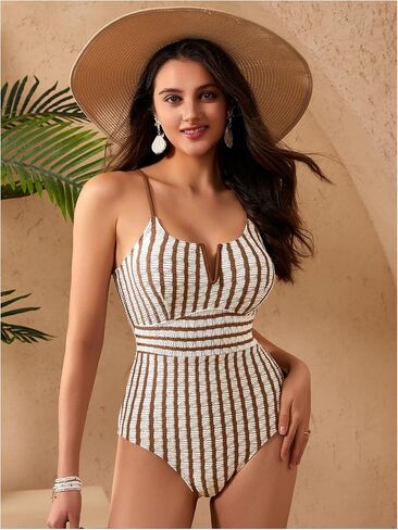 Makemechic Women's One Piece Swimsuits مخططة V Wire Tummy Control Suit Monokini Bashing Suit in Saudi Arabia