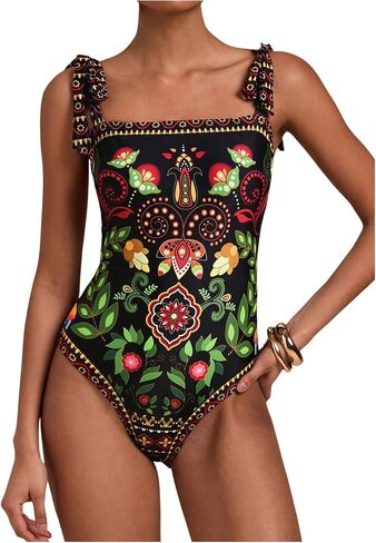 Wdirara Women's Boho Floral Print One One One Swimsit Tie Contax Contate Control Control Control in Saudi Arabia
