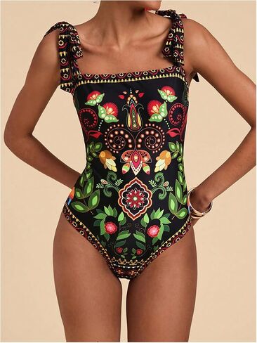 Wdirara Women's Boho Floral Print One One One Swimsit Tie Contax Contate Control Control Control in Saudi Arabia
