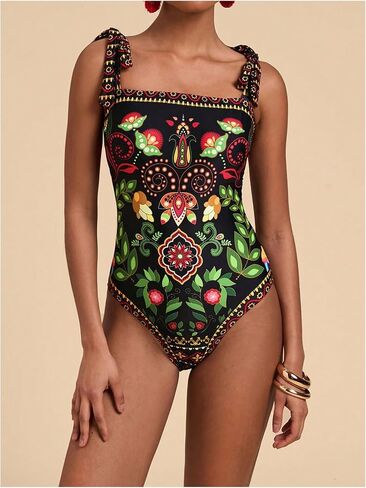 Wdirara Women's Boho Floral Print One One One Swimsit Tie Contax Contate Control Control Control in Saudi Arabia
