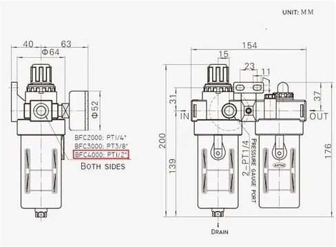 BFC4000 1/2 "تشييك منظم مرشح الهواء ، FRL Two Union Treatment ، BFR4000 + BL4000 in Kuwait