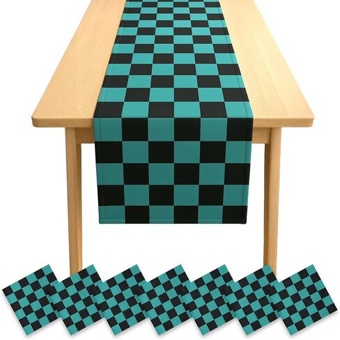 7 Pcs Black and Green Checkered Table Runner - 14x108 Inch Plastic Large Table Cloth - Anime Merch Tanjiro Cosplay Themed Parties and Birthday Decorations - Party on Tap in Saudi Arabia