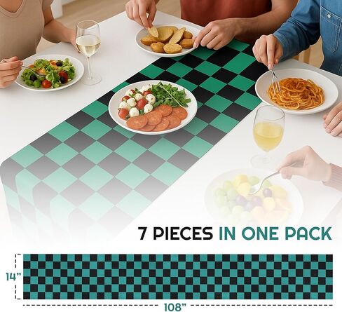 7 Pcs Black and Green Checkered Table Runner - 14x108 Inch Plastic Large Table Cloth - Anime Merch Tanjiro Cosplay Themed Parties and Birthday Decorations - Party on Tap in Saudi Arabia