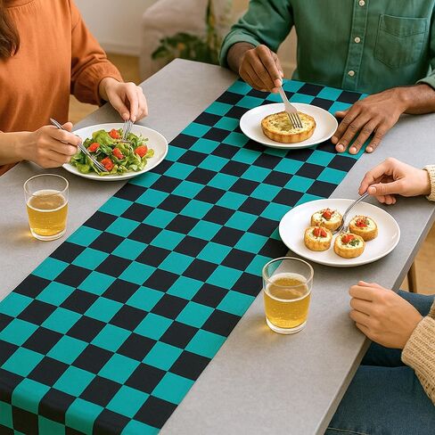 7 Pcs Black and Green Checkered Table Runner - 14x108 Inch Plastic Large Table Cloth - Anime Merch Tanjiro Cosplay Themed Parties and Birthday Decorations - Party on Tap in Saudi Arabia