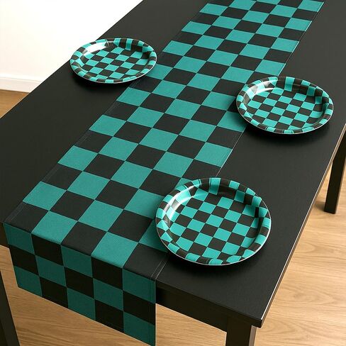 7 Pcs Black and Green Checkered Table Runner - 14x108 Inch Plastic Large Table Cloth - Anime Merch Tanjiro Cosplay Themed Parties and Birthday Decorations - Party on Tap in Saudi Arabia