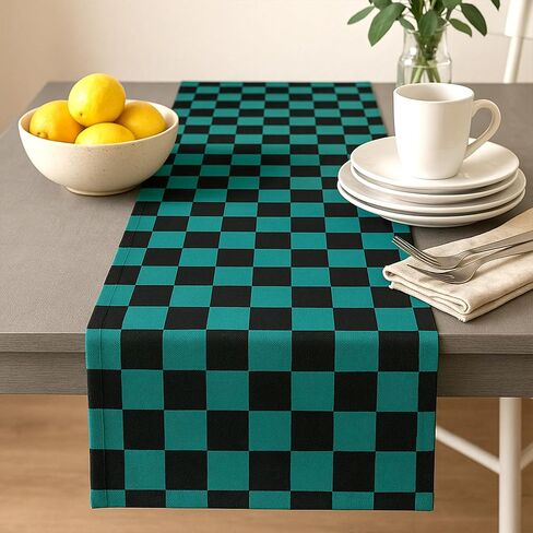 7 Pcs Black and Green Checkered Table Runner - 14x108 Inch Plastic Large Table Cloth - Anime Merch Tanjiro Cosplay Themed Parties and Birthday Decorations - Party on Tap in Saudi Arabia