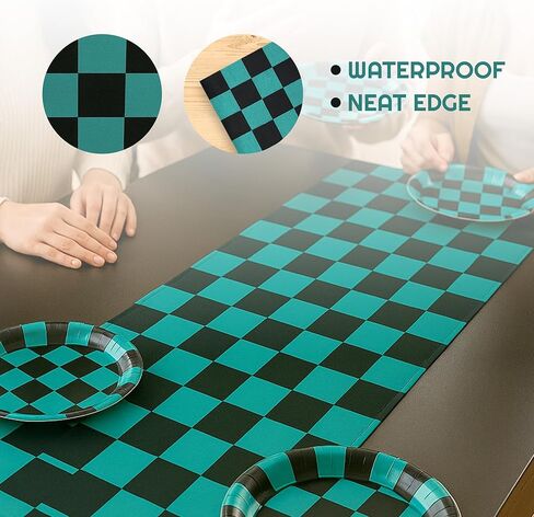 7 Pcs Black and Green Checkered Table Runner - 14x108 Inch Plastic Large Table Cloth - Anime Merch Tanjiro Cosplay Themed Parties and Birthday Decorations - Party on Tap in Saudi Arabia