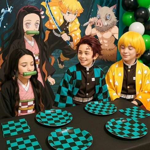 7 Pcs Black and Green Checkered Table Runner - 14x108 Inch Plastic Large Table Cloth - Anime Merch Tanjiro Cosplay Themed Parties and Birthday Decorations - Party on Tap in Saudi Arabia