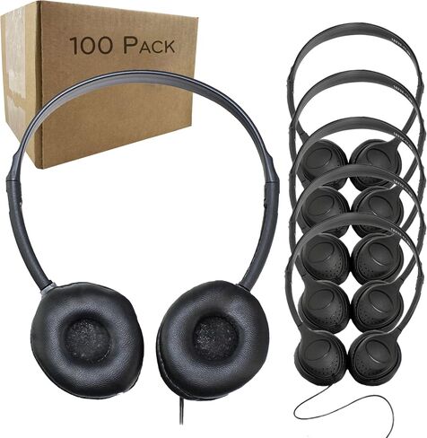 Soundnetic SN313 Bulk Classroom Headphones 100 Pack – Wired On-Ear Stereo Headphones for Students K-12, Leatherette Earpads, 3.5mm Jack, Compatible with Chromebook, Laptop, Computer – School Pack in Kuwait