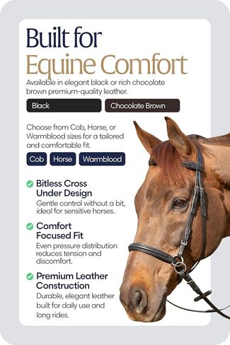 Equinavia Saga Cross-Under English Bitless Bridle for Horses | Reins Included in Saudi Arabia