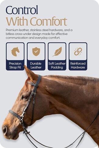 Equinavia Saga Cross-Under English Bitless Bridle for Horses | Reins Included in Saudi Arabia