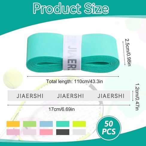 50Pcs Tennis Racket Grip Tape, 10 Colors PU Precut Soft Tennis Grip Tape, Water-Absorbent Overgrip Tennis Racket Grips for Tennis, Pickleball and Badminton in Saudi Arabia