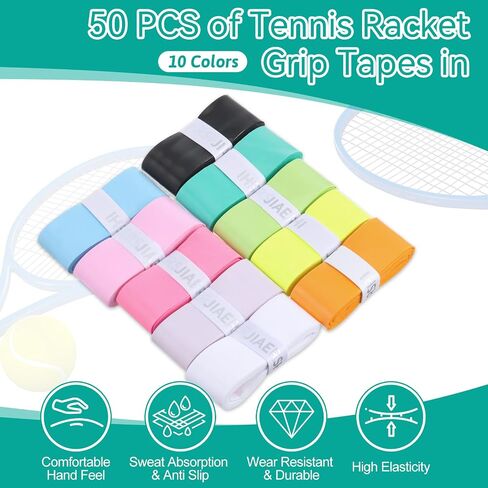50Pcs Tennis Racket Grip Tape, 10 Colors PU Precut Soft Tennis Grip Tape, Water-Absorbent Overgrip Tennis Racket Grips for Tennis, Pickleball and Badminton in Saudi Arabia