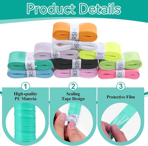 50Pcs Tennis Racket Grip Tape, 10 Colors PU Precut Soft Tennis Grip Tape, Water-Absorbent Overgrip Tennis Racket Grips for Tennis, Pickleball and Badminton in Saudi Arabia