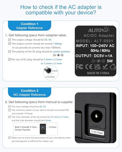 ALITOVE 5V 1A إمدادات الطاقة 5 فولت 1A 5W محول الطاقة 100-240V AC إلى DC 5V سلك الطاقة العالمي AC / DC محول مع 5.5x2.5mm 5.5x2.1mm 4.0x1.7mm 3.5x1.35mm 3.0x1.1mm 2.5x0.7mm نصائح Micro-USB من النوع C in Kuwait