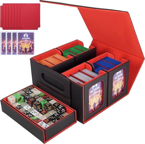 AFIING MTG Card Deck Box with Commander Display, Fits 400+ Double-Sleeved Cards, 5-in-1 TCG Storage Box with 4 Removable Deck Case, 4 Toploaders, Dice Tray & Handle for TCG/Sports Cards (Black Grey) in Kuwait