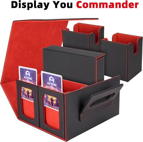 AFIING MTG Card Deck Box with Commander Display, Fits 400+ Double-Sleeved Cards, 5-in-1 TCG Storage Box with 4 Removable Deck Case, 4 Toploaders, Dice Tray & Handle for TCG/Sports Cards (Black Grey) in Kuwait