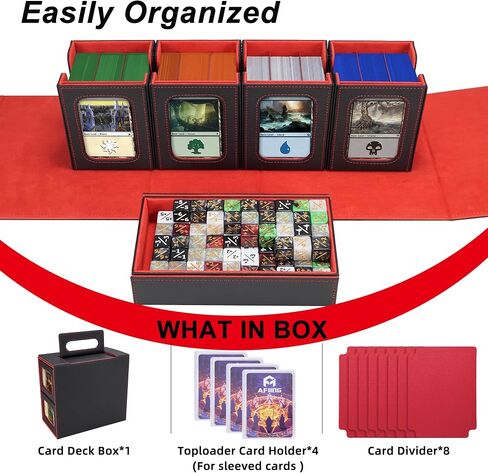 AFIING MTG Card Deck Box with Commander Display, Fits 400+ Double-Sleeved Cards, 5-in-1 TCG Storage Box with 4 Removable Deck Case, 4 Toploaders, Dice Tray & Handle for TCG/Sports Cards (Black Grey) in Kuwait