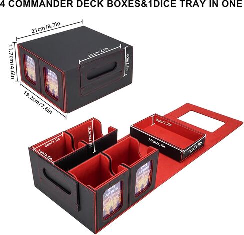 AFIING MTG Card Deck Box with Commander Display, Fits 400+ Double-Sleeved Cards, 5-in-1 TCG Storage Box with 4 Removable Deck Case, 4 Toploaders, Dice Tray & Handle for TCG/Sports Cards (Black Grey) in Kuwait