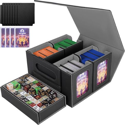 AFIING MTG Card Deck Box with Commander Display, Fits 400+ Double-Sleeved Cards, 5-in-1 TCG Storage Box with 4 Removable Deck Case, 4 Toploaders, Dice Tray & Handle for TCG/Sports Cards (Black Grey) in Kuwait