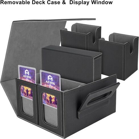AFIING MTG Card Deck Box with Commander Display, Fits 400+ Double-Sleeved Cards, 5-in-1 TCG Storage Box with 4 Removable Deck Case, 4 Toploaders, Dice Tray & Handle for TCG/Sports Cards (Black Grey) in Kuwait