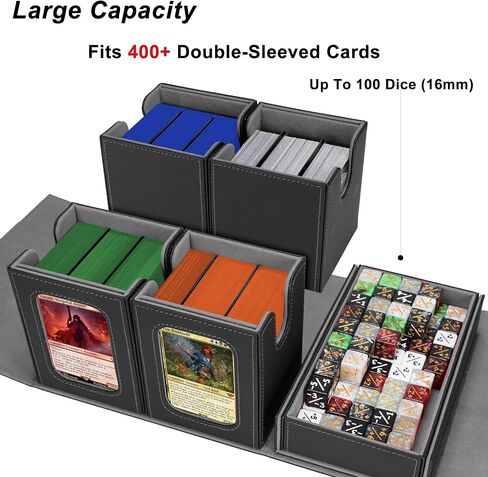 AFIING MTG Card Deck Box with Commander Display, Fits 400+ Double-Sleeved Cards, 5-in-1 TCG Storage Box with 4 Removable Deck Case, 4 Toploaders, Dice Tray & Handle for TCG/Sports Cards (Black Grey) in Kuwait