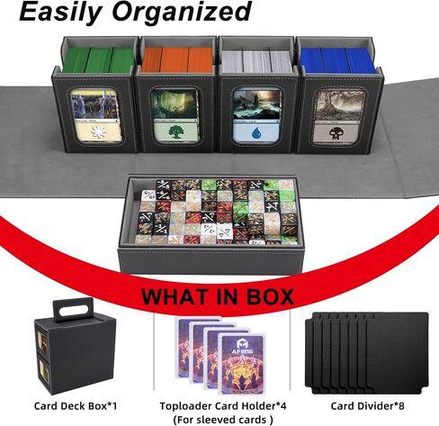 AFIING MTG Card Deck Box with Commander Display, Fits 400+ Double-Sleeved Cards, 5-in-1 TCG Storage Box with 4 Removable Deck Case, 4 Toploaders, Dice Tray & Handle for TCG/Sports Cards (Black Grey) in Kuwait