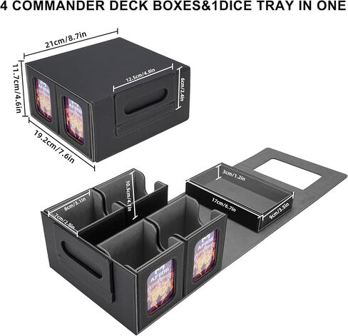 AFIING MTG Card Deck Box with Commander Display, Fits 400+ Double-Sleeved Cards, 5-in-1 TCG Storage Box with 4 Removable Deck Case, 4 Toploaders, Dice Tray & Handle for TCG/Sports Cards (Black Grey) in Kuwait