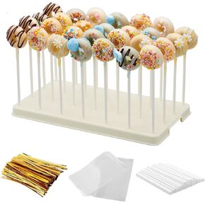 28 Holes Cake Pop Stand for Cake Pops, Lollipop Hold Stand, Cake Pop Display Holder, Candy Pop Holder with 100 Pcs Cake Pop Sticks, 100 Pcs Cake Pop Bags, 100 Pcs Gold Twist Ties(White) in Saudi Arabia