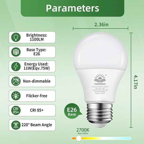 A19 LED Light Bulb 75 Watt Equivalent, 11 Watt Light Bulbs, 2700K Warm White, 1100 Lumens, Non-Dimmable, E26 Base Lightbulbs, Standard LED Bulbs for Home, ETL Listed(4-Pack) in Saudi Arabia