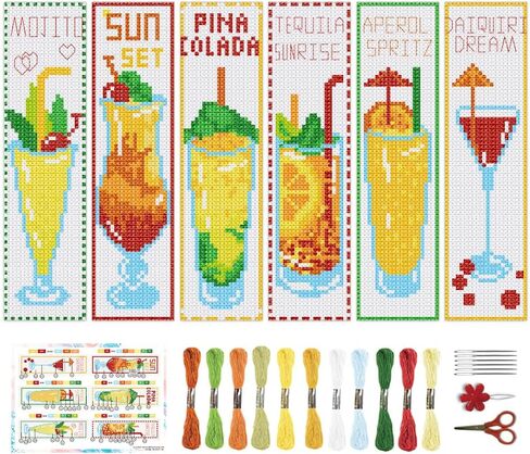 BEUNITONE 6 Pcs Cross Stitch Bookmark Kit for Beginner Coffee and Sweet Time Theme Hand Embroidery Kit with Instruction Tea Stamped Embroidery Bookmarks Handmade for DIY Crafts Book Lovers 8.5''x3'' in Kuwait