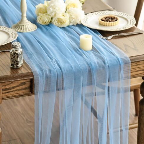 Artoid Mode Dusty Blue Gauze Table Runner 120 inch 10ft ، موسمية المطبخ المطبخ الموسمي عطلات الزفاف عيد ميلاد ديكور الطاولة in Saudi Arabia