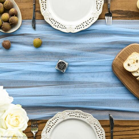 Artoid Mode Dusty Blue Gauze Table Runner 120 inch 10ft ، موسمية المطبخ المطبخ الموسمي عطلات الزفاف عيد ميلاد ديكور الطاولة in Saudi Arabia