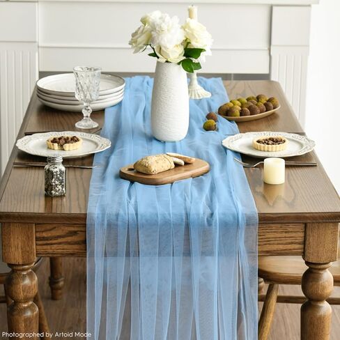 Artoid Mode Dusty Blue Gauze Table Runner 120 inch 10ft ، موسمية المطبخ المطبخ الموسمي عطلات الزفاف عيد ميلاد ديكور الطاولة in Saudi Arabia
