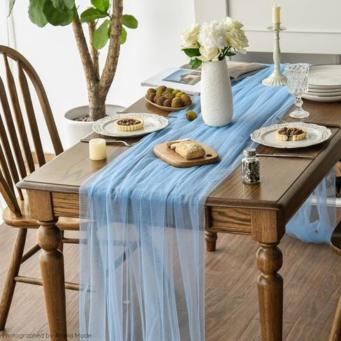 Artoid Mode Dusty Blue Gauze Table Runner 120 inch 10ft ، موسمية المطبخ المطبخ الموسمي عطلات الزفاف عيد ميلاد ديكور الطاولة in Saudi Arabia