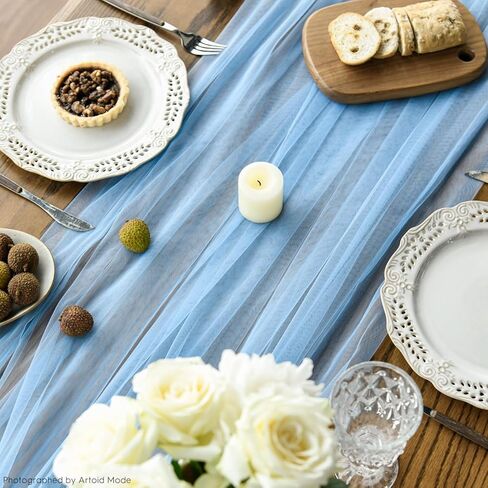 Artoid Mode Dusty Blue Gauze Table Runner 120 inch 10ft ، موسمية المطبخ المطبخ الموسمي عطلات الزفاف عيد ميلاد ديكور الطاولة in Saudi Arabia