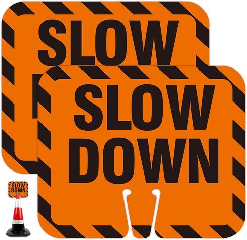 2 Pack Slow Down Traffic Cone Signs, 12.6"x10.4" Slow Sign for Traffic Safety Cone, PVC Plastic Traffic Cone Top Warning Sign for Road Barricade Outdoor Construction Waterproof- Double-Sided in Kuwait