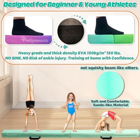 PreGymnastic 6FT/8FT/9.5FT Folding Balance Beam for Kids Ages 3-12, Foldable Gymnastics Floor Beam-Extra Firm Suede Cover with Carrying Bag for Home-Gym Equipment for Toddler Teenager in Kuwait