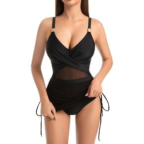 Women's One Piece Swimsuit with Skirt Tummy Control Swim Dress Mesh Cross Swimwear Panel Ruched Side Tie Black Bathing Suit in Saudi Arabia