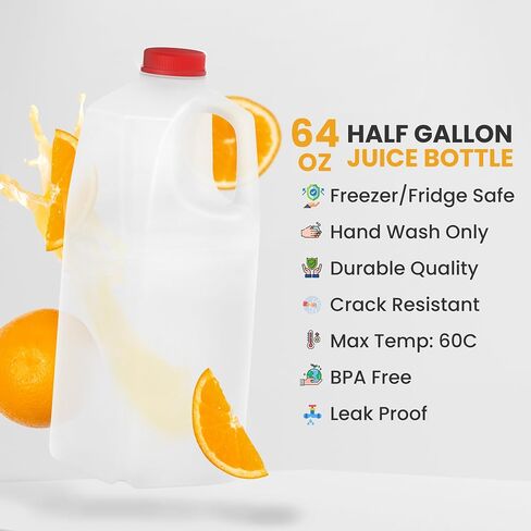 Plastic Milk Bottles, 64 Oz HDPE Material, Juice Bottles with Red Tamper-Evident Caps, Set of 6, Clear bottle with Red cover (6) in Kuwait