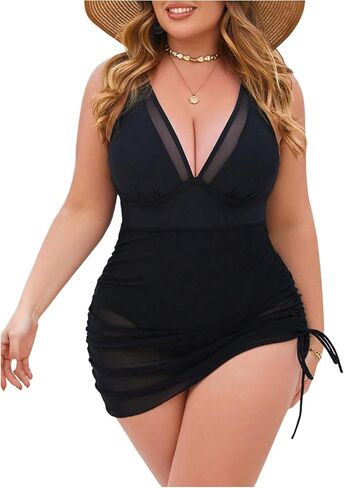 Verdusa Women's Plus Size Ruched Drawstring One Piece Swimsuit Deep V Neck Bathing Suit in Saudi Arabia