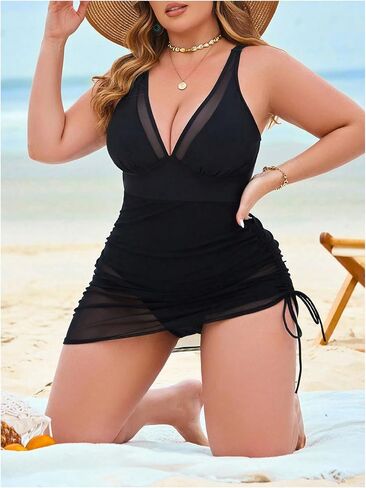 Verdusa Women's Plus Size Ruched Drawstring One Piece Swimsuit Deep V Neck Bathing Suit in Saudi Arabia