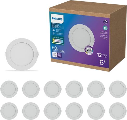LED Philips 60W Slim 6-inch Canless Downlight 12-Pack Selectable White Multi-CCT 1000 Lumen (12.5W = 60W) Dimmable No Housing Required in Saudi Arabia