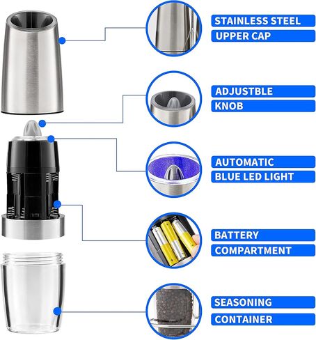 Gravity Electric Pepper and Salt Grinder Set, Battery Operated Pepper Mill with Blue LED Light, One Hand Operation, Flip to Grind, Adjustable Coarseness in Saudi Arabia