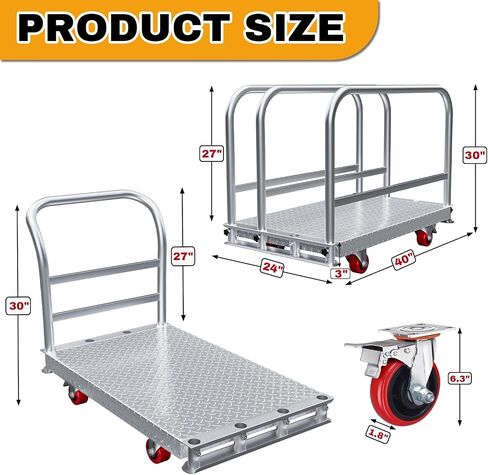 2IN1 Steel Panel Cart Dolly – Heavy Duty Drywall Lumber Truck Cart with 3000 LBS Capacity, 44 x 28 Inch 2.2MM Steel Plate, 6" Swivel Brake Wheels, 1 Front & 3 Side Handrails (XL) in Kuwait