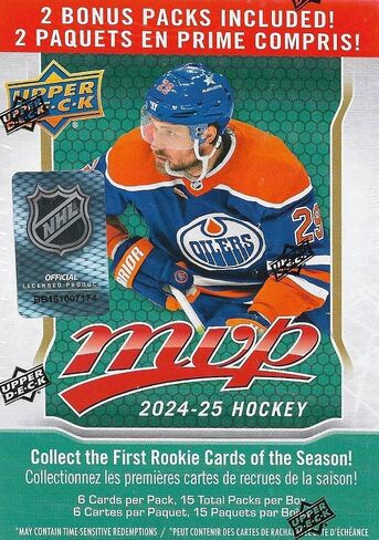 2024 2025 Upper Deck M V P Hockey Series Box غير مفتوح من 15 عبوة مع فرصة للناشئين بالإضافة إلى بطاقات مسودة #1 وبطاقات Blaster الحصرية الذهبية in Saudi Arabia