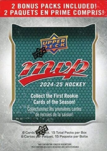 2024 2025 Upper Deck M V P Hockey Series Box غير مفتوح من 15 عبوة مع فرصة للناشئين بالإضافة إلى بطاقات مسودة #1 وبطاقات Blaster الحصرية الذهبية in Saudi Arabia